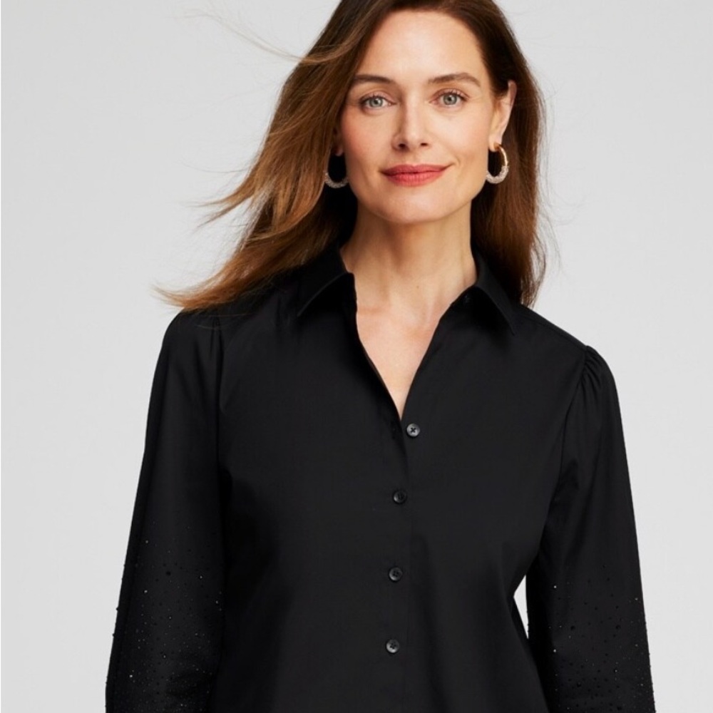 NWT Chico’s Poplin Embellished Sleeve Shirt - Black - Size 12 (Chicos 2)